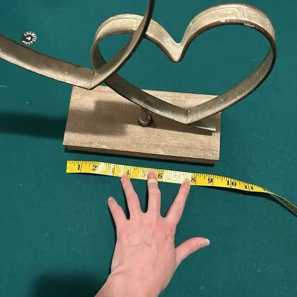 Rustic Metal Double Heart Sculpture on Wood Base 13” Farmhouse Tabletop Decor - Picture 6 of 7